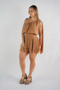 Harvest Caramel Gold-Bloom Skort Romper