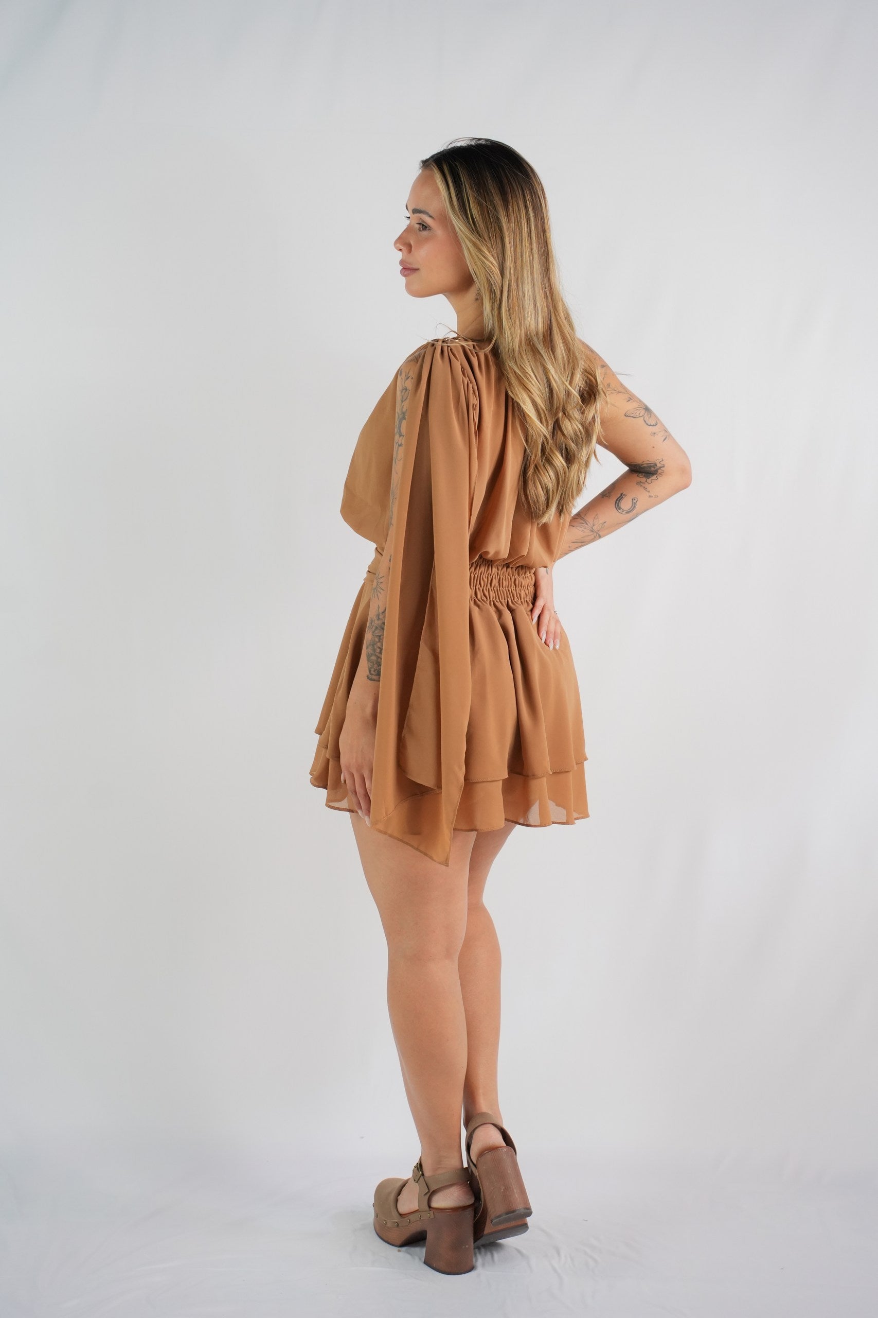 Harvest Caramel Gold-Bloom Skort Romper